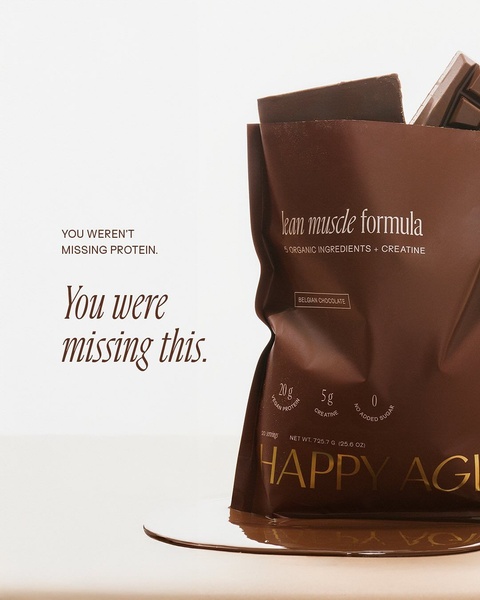 A clean, minimalist product shot of a protein powder bag with a bold text overlay highlighting a specific gap in the consumer's health routine.